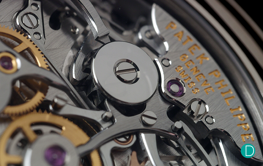 The column wheel is in the traditional Patek style of using a black polished cap. 