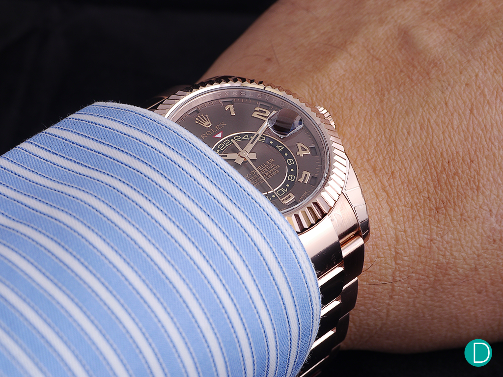 The Sky Dweller in Everose gold. Decidedly very dressy, and can carry off even in a business suit.