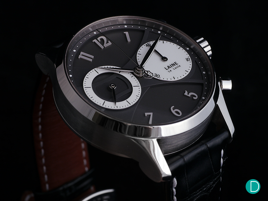 The Laine Chronograph in a steel case, custom dial and a highly modified Valjoux 22 movement. 