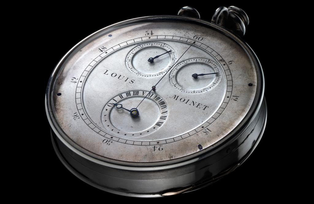 The original Louis Moinet Chronograph which lay claim to its invention. The watch bears four hallmarks testifying to the date when work on it was started (1815) and then completed (1816).