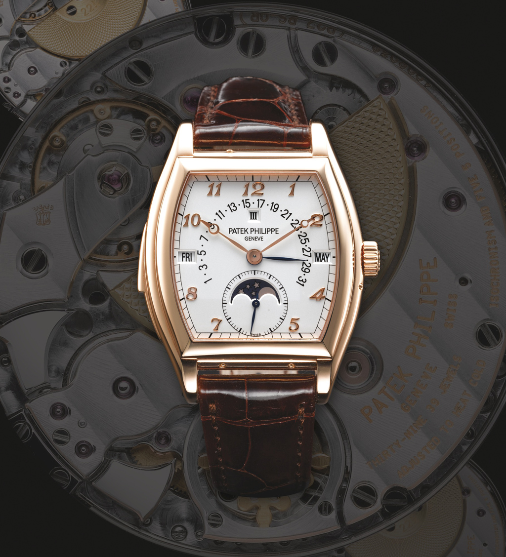 Reference 5013 was launched in 1992 and is one of the most complex wristwatches ever made by Patek Philippe, with a total of 515 parts. Production ceased in 2011. Lessons learned from the creation of the 3 minute repeaters celebrating the 150th birthday of the maison led to the creation of the Ref. 5013. The retrograde date hand moves along a 270 degree arc and at midnight of the last day of each month, it flies back to the first of the month. During this precisely controlled fly-back phase, the hand is disconnected from the drive train and is cleverly captured back on the 1st of the month to ensure it does not slip forward by a day. The case of the Reference 5013 pays homage to one of the most important watches sold in recent auction history: no. 97589, the tonneau-form minute repeating wristwatch in yellow gold, made for Henry Graves, Jr. Sold by Sotheby's New York in June 2012 for nearly three million US dollars. Image: Sothebys