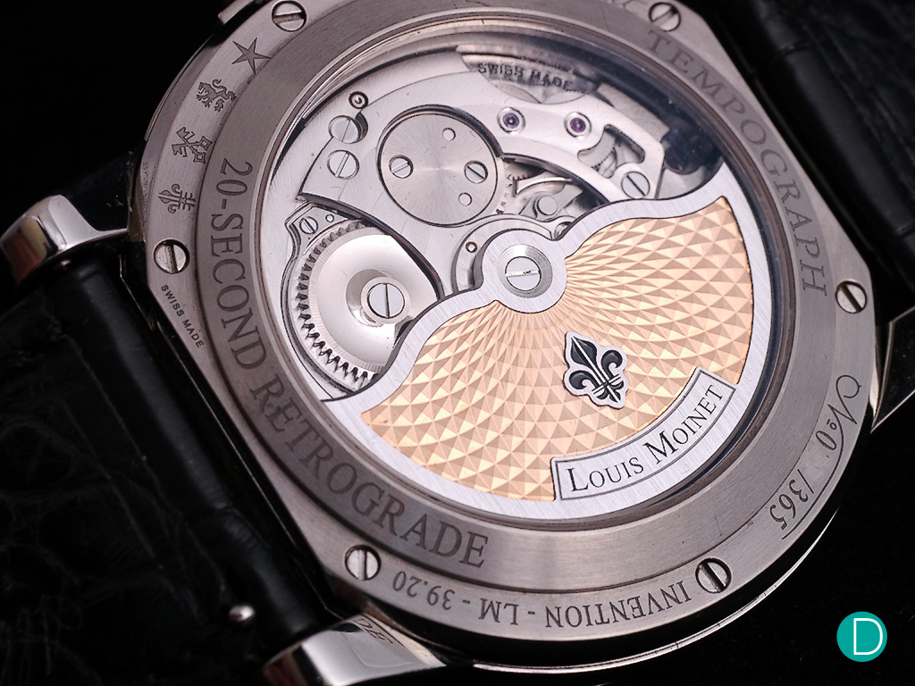 The sapphire caseback featuresthe self-winding Calibre LM39, a 48 hour power reserve manufacture movement developed by Louis Moinet and Concepto.