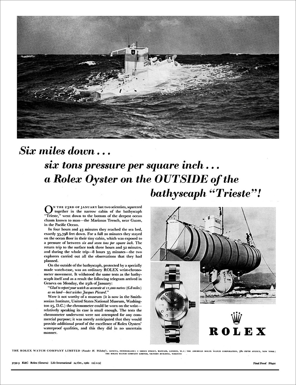 Rolex advertisement appearing on Life Magazine on October 24, 1960, documenting the dive.