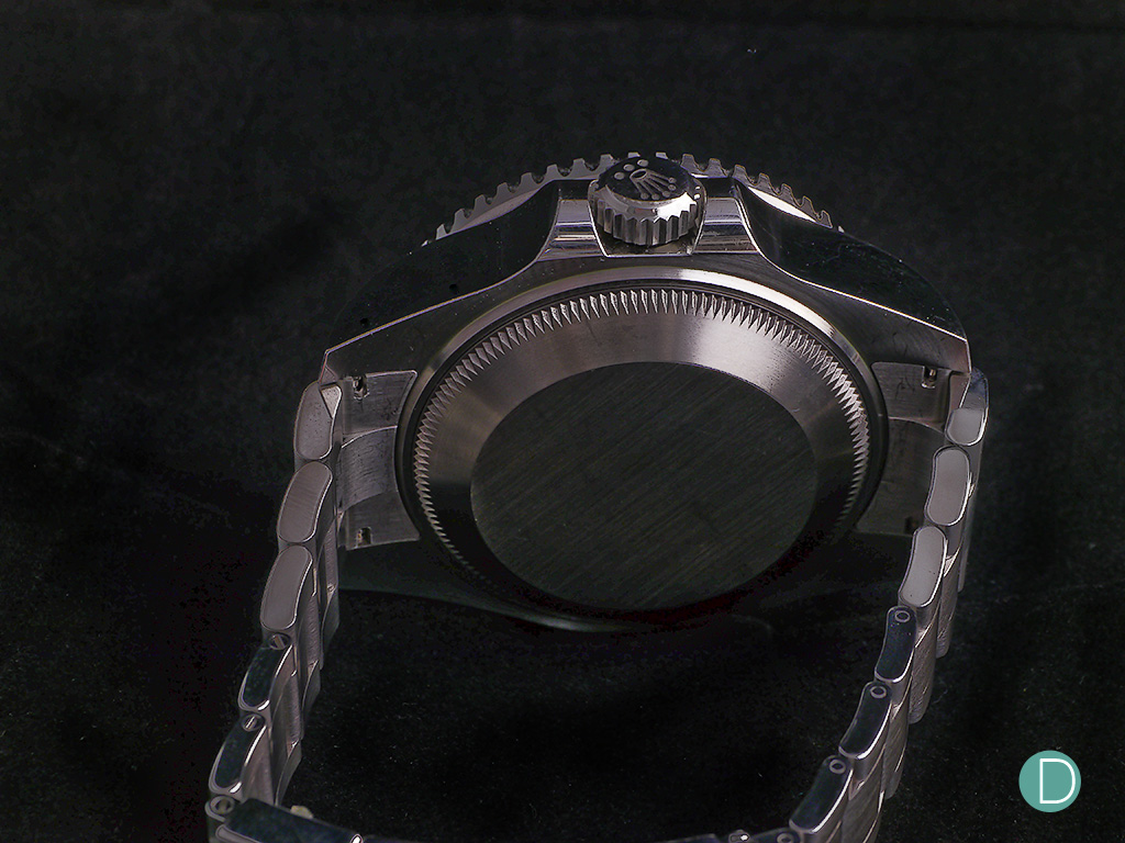 The case back is made from Grade 5 titanium and like almost all Rolex watches is not marked. 