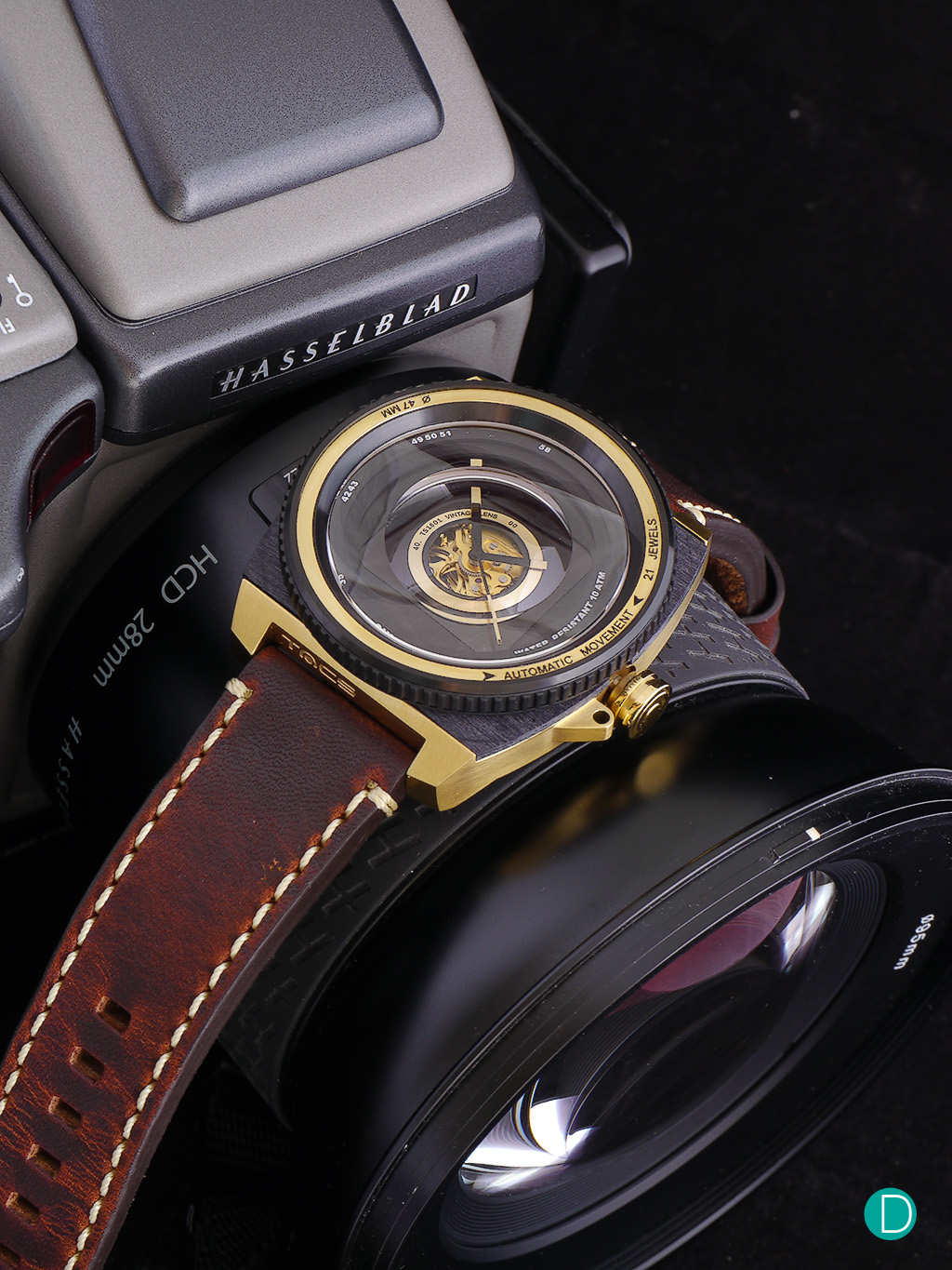 Perched on top of the author's Hasselblad H3D-39 digital camera with the HCD 4/28 lens, the TACS Vintage Lens Watch does have evoke some feel of old world photography.