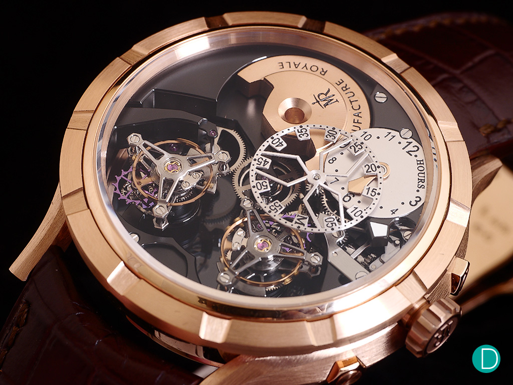 The 1770 Micromegas revolution features a double flying tourbillon where one rotates in 6 seconds while the other in 60 seconds.