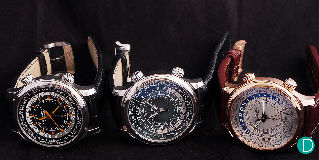 The Chopard L.U.C. Time Traveller One is available in (L-R) stainless steel, platinum and rose gold.
