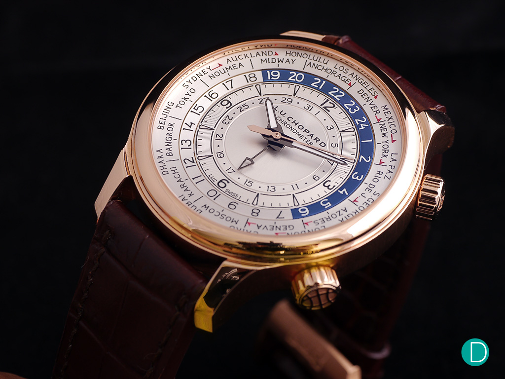 The Chopard L.U.C. Time Traveler in rose gold looks very sober and understated, much like a classical world timer.
