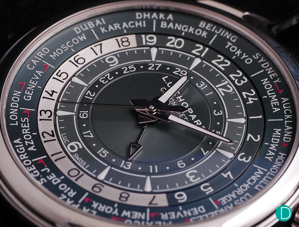 The platinum dial in blue grey showing the 24 timezones simultaneously.