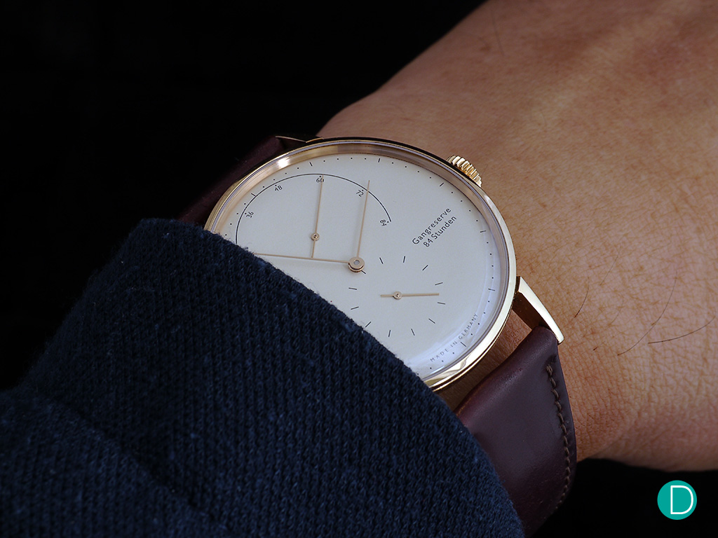 On Uwe Ahrendt's wrist is the flagship watch from Nomos: the only gold cased timepiece offered: the Nomos Lambda Roségold.