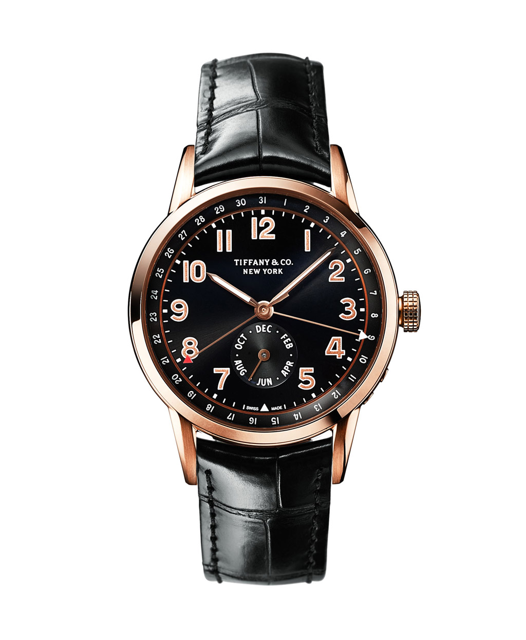 The Tiffany CT60 collection was launched in April 2015. A striking calendar watch with a masculine profile and vintage appeal. Founder Charles Lewis Tiffany’s reputation as timekeeper of New York City’s frenetic pace—famously referred to as the New York Minute—is richly reflected in the watch’s month and date double-complication, and self-winding mechanical movement of the finest Swiss pedigree, with Côtes de Genève, Colimaçon, Perlage finishing and gold poudré numerals.