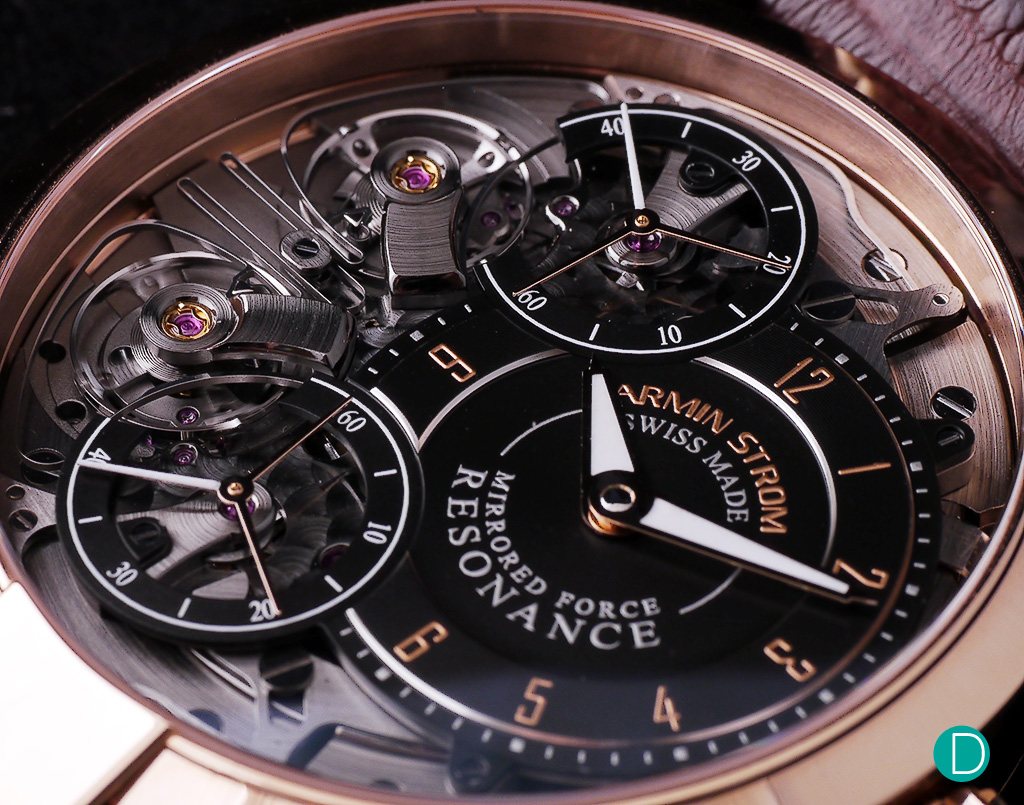 The exposed dial showing the dial ring for the hour minutes, offset as a sub-idial, and the two second hands dials. 