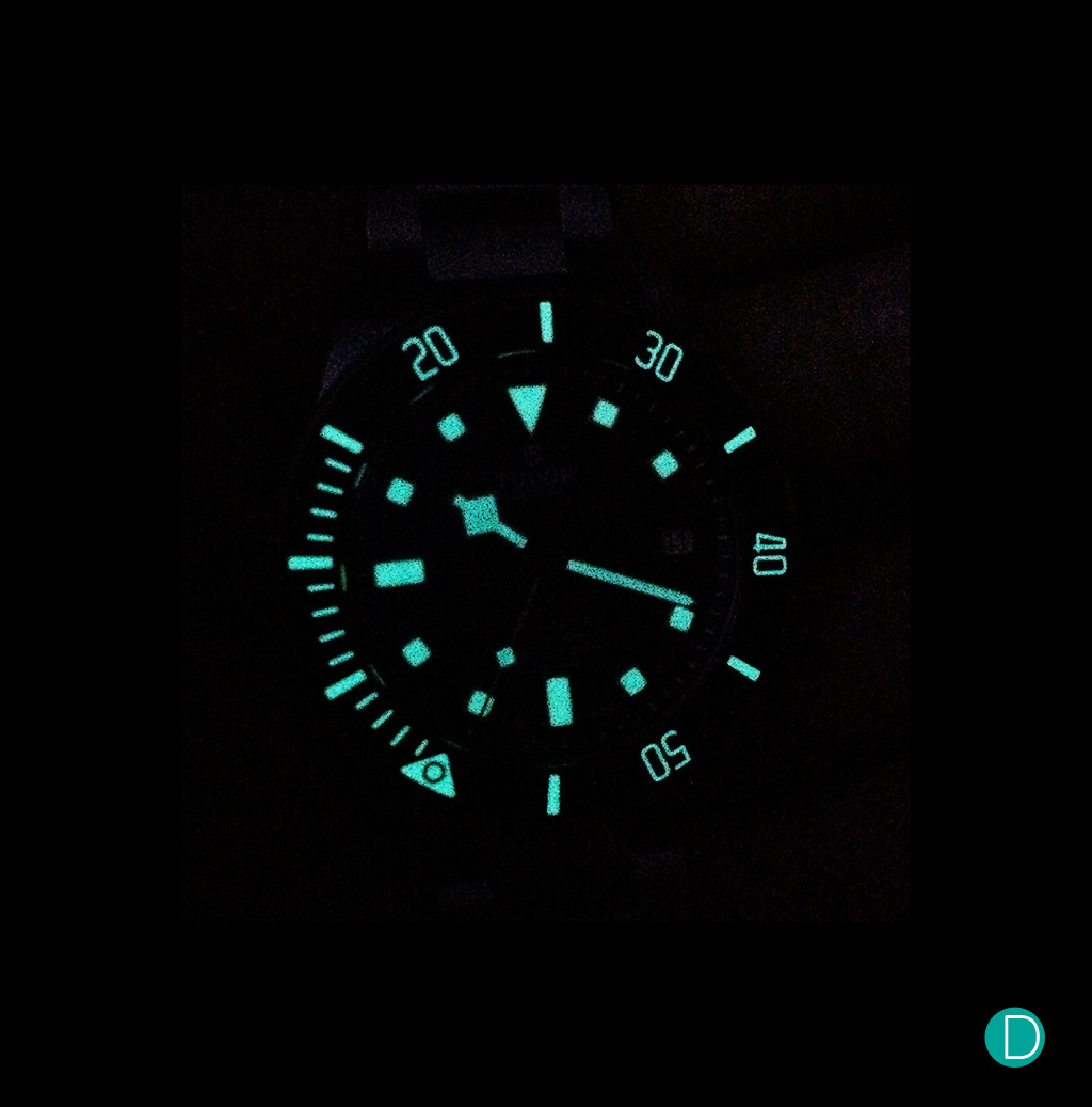 The lume shot. The markers are very clear and legible on both the rotating bezel and the dial. 