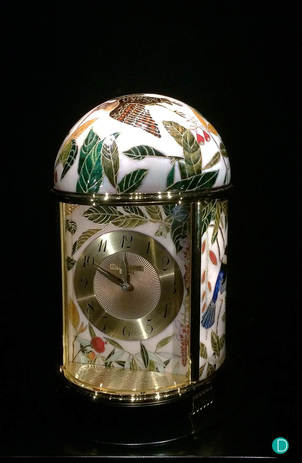1675M “Farquhar Collection” Dome table clock in cloisonné enamel. The clock was donated for auction by Patek Philippe. Full proceeds went to the revamping of the Glass Rotunda. The clock was purchased by The Hour Glass, who then donated the clock to the Museum. Exhibit can be viewed at the Glass Rotunda.