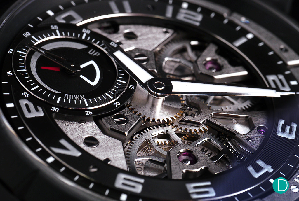 The skeletonised dial gives a clear look of the movement and its inner workings.