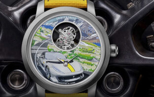 Jaquet Droz Tourbillon Plasma Ceramic - Oberalp over the wheel of the Ferrari